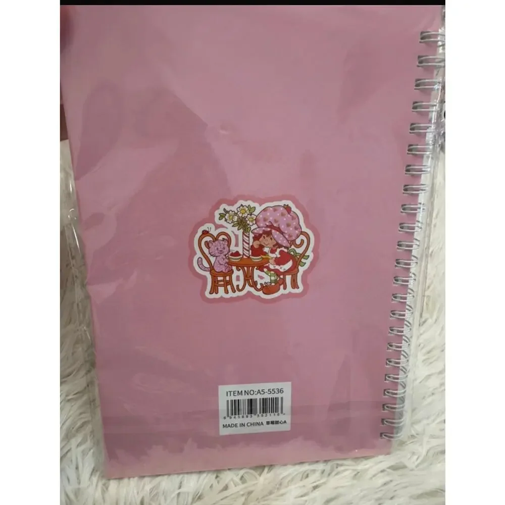 Strawberry Shortcake A5 size spiral notebook with pink white vertical stripes